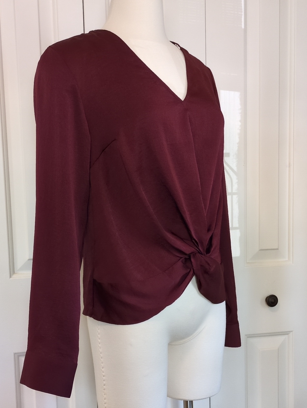 Express Silky Twist-Front V-Neck Blouse in Burgundy